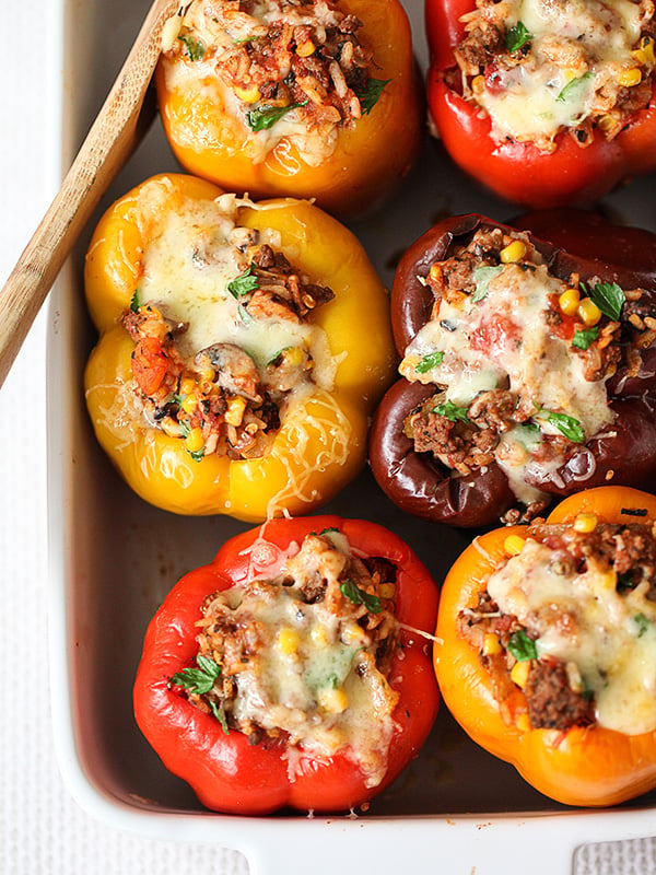 Ground beef stuffed peppers in a baking dish