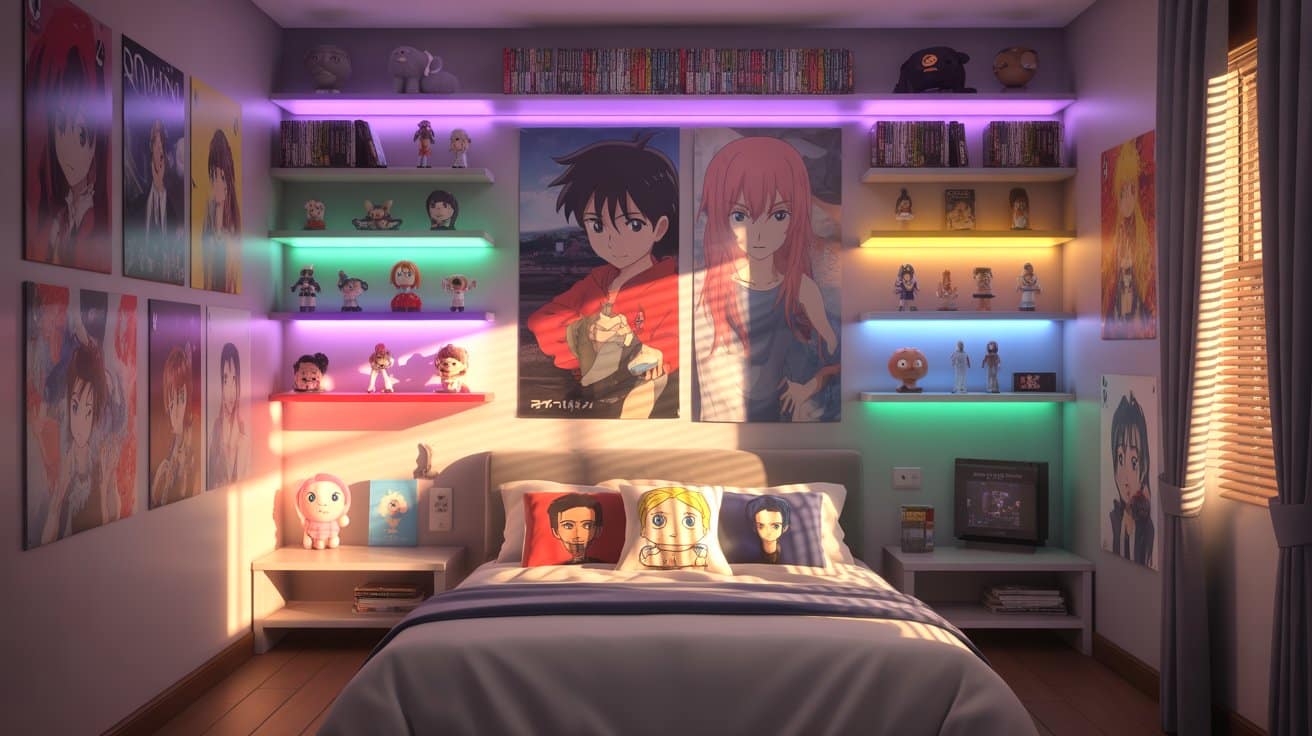 Vibrant anime-themed room with colorful LED shelves, character figures, and posters enhancing playful and personalized room aesthetics.