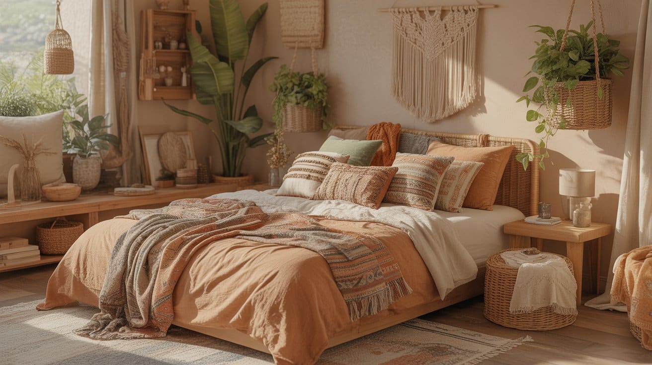 Layered textures, earthy tones, macram&eacute;, and greenery define relaxed and eclectic boho room aesthetics.