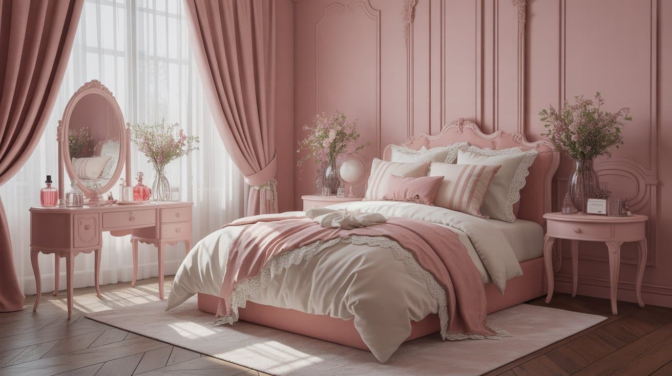 Coquette-style bedroom in soft pinks, lace, ribbons, and ballet-inspired decor, creating romantic and delicate room aesthetics.
