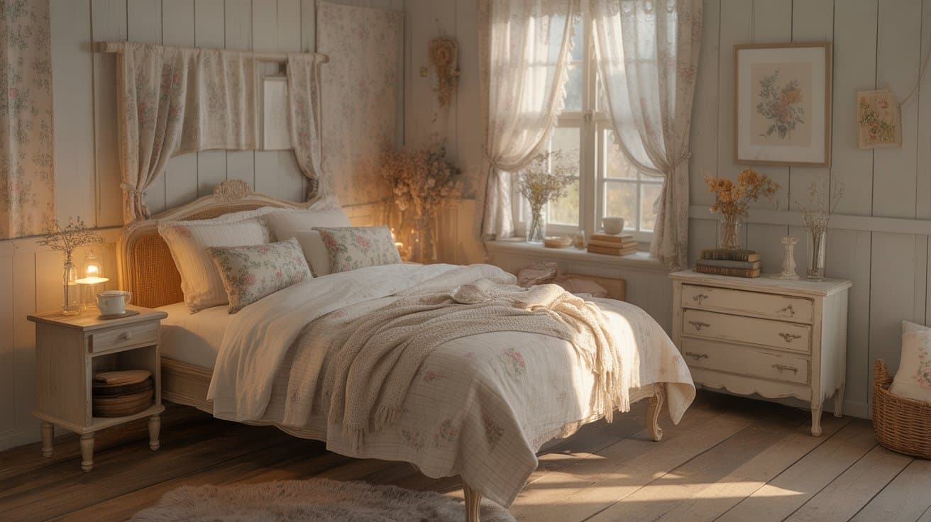 Vintage floral patterns, lace details, and dried flowers emphasize nostalgic and romantic cottagecore room aesthetics.