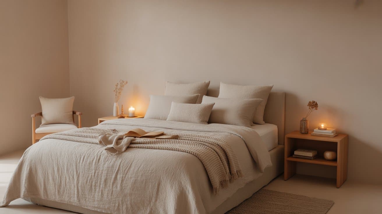 Neutral tones, knit throws, and wool rugs bring warmth and intentional room aesthetics to a cozy minimalist space.