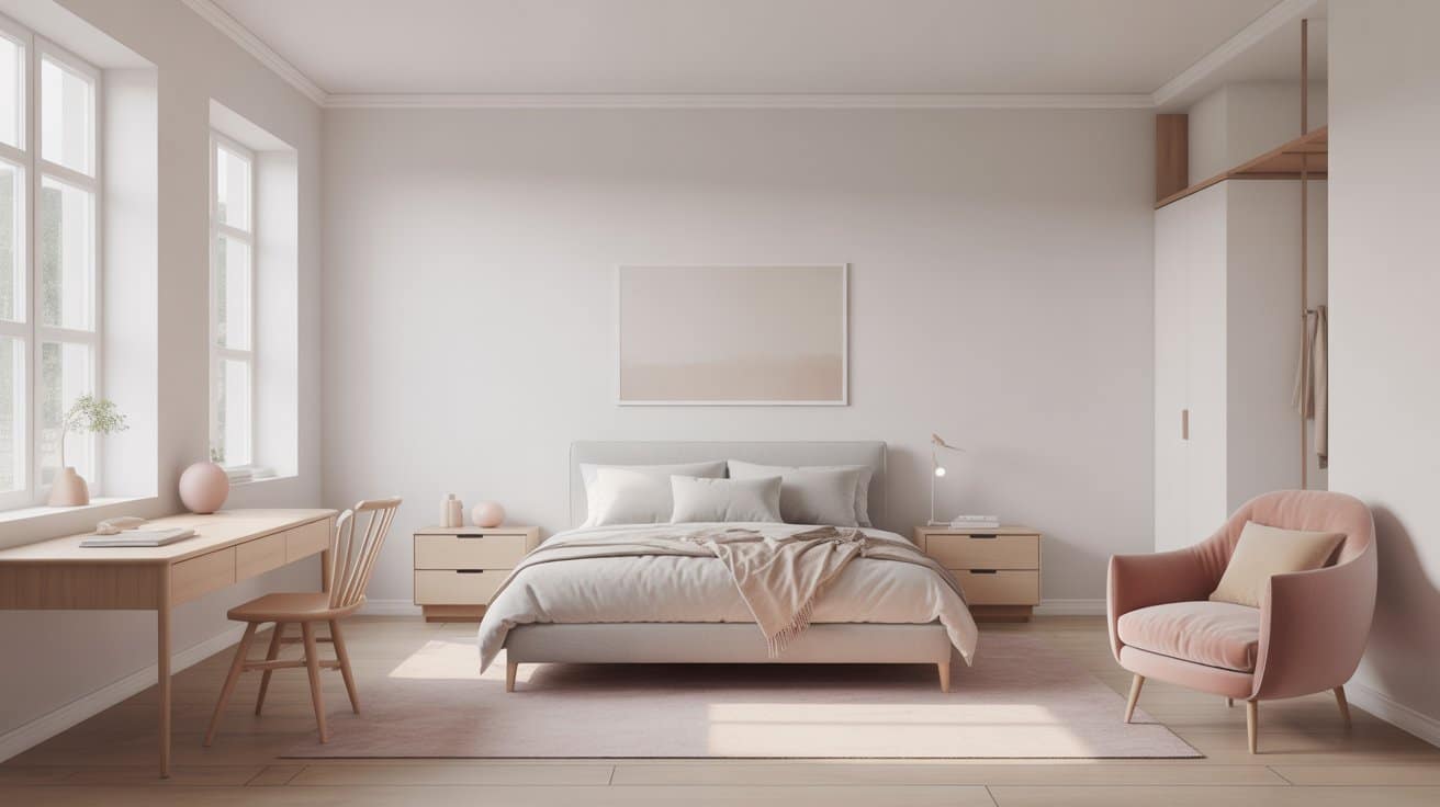 Scandinavian simplicity with clean lines, light wood, and soft pastels creates functional and serene room aesthetics.