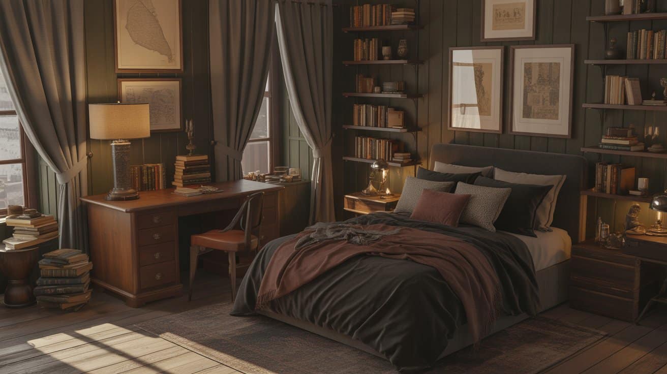 Dark Academia room aesthetics with deep wood tones, vintage books, and classic artwork creating a scholarly and intellectual bedroom vibe.