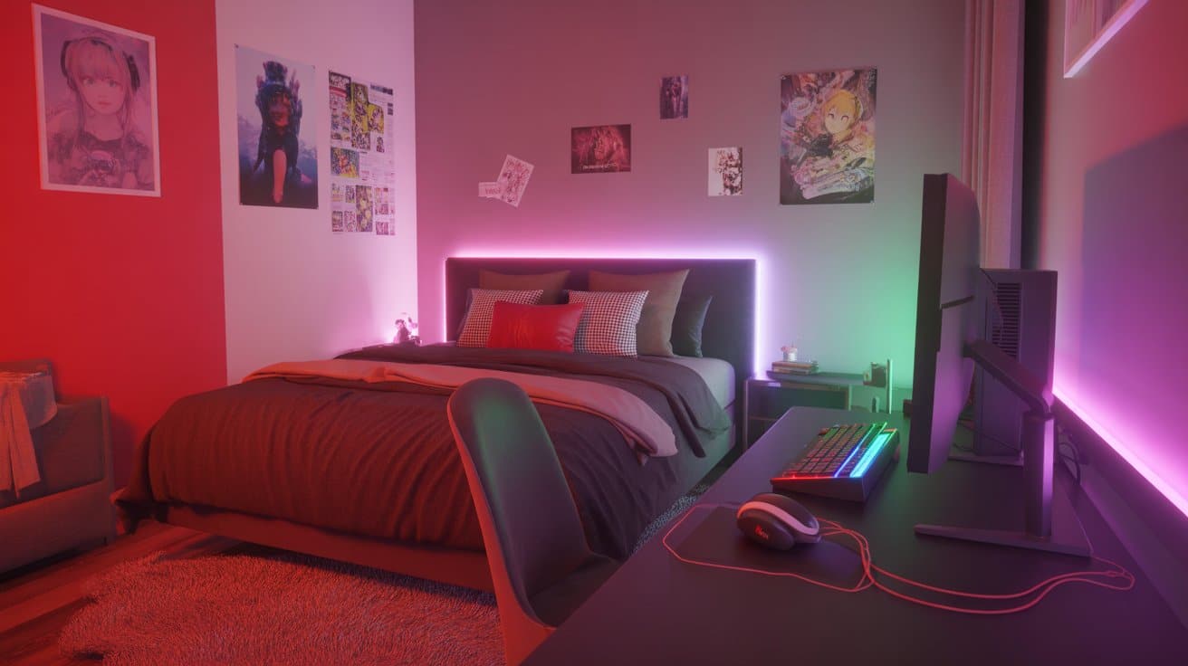 E-Girl bedroom with red and black theme, LED strips, anime posters, and gaming setup, emphasizing modern and dynamic room aesthetics.