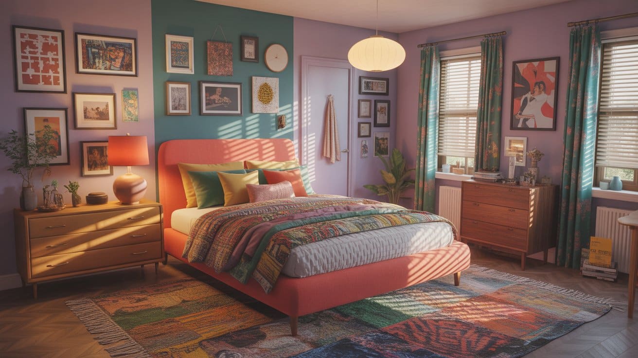 Preppy-style bedroom with navy, white, green palette, stripes, and organized furniture, representing classic and clean room aesthetics.