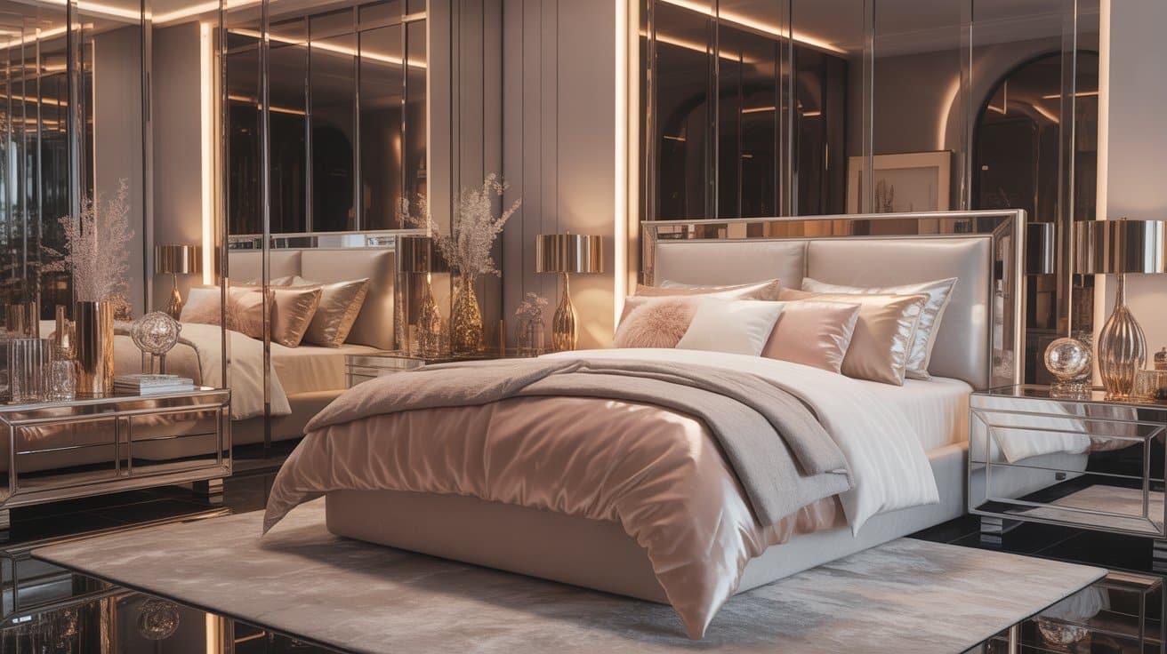 Glam bedroom with gold, silver, blush tones, velvet and metallic accents, layered textures, showcasing luxurious and elegant room aesthetics.