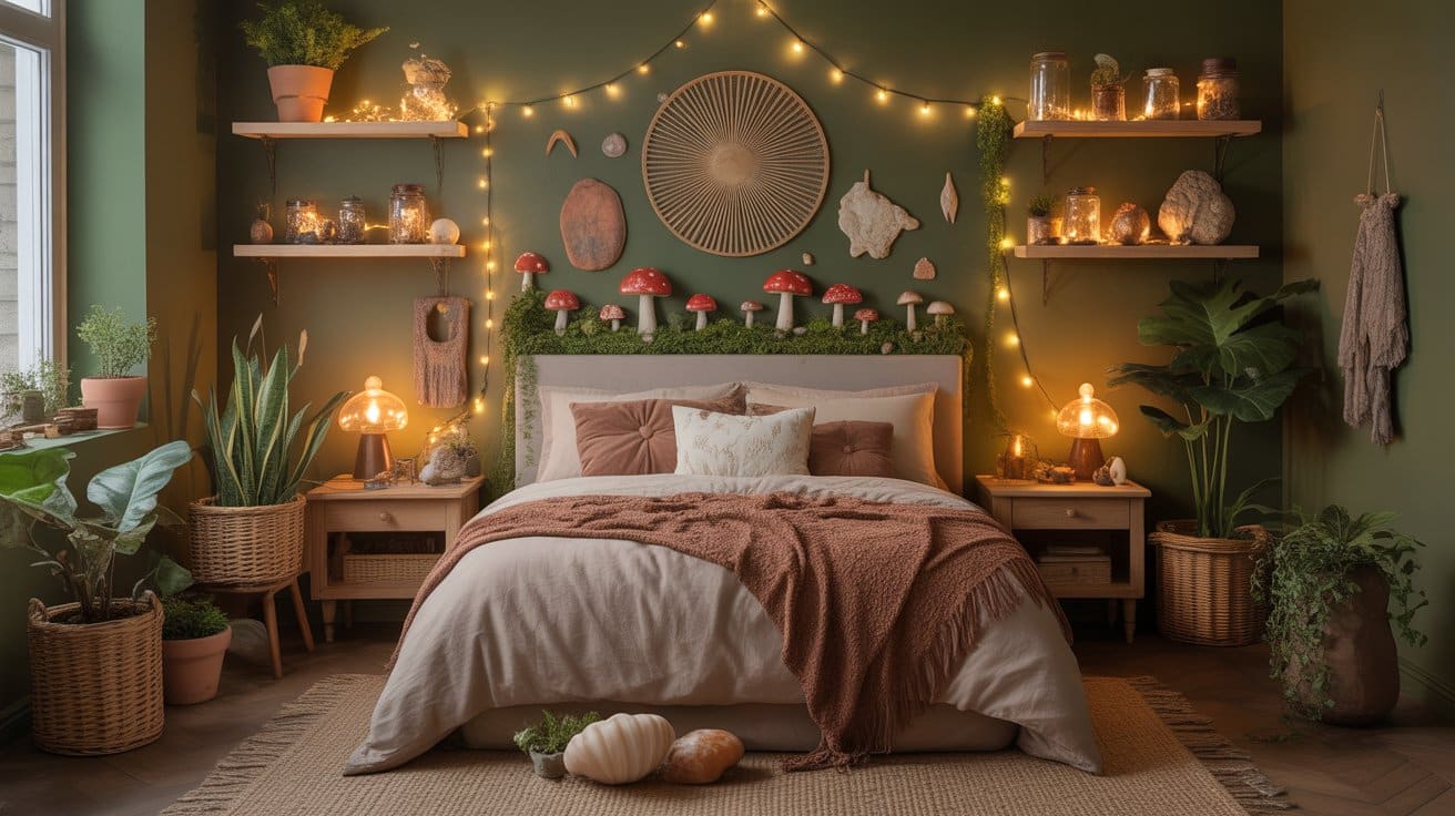 Mossy greens, fairy lights, and collected natural elements showcase whimsical and nature-inspired goblincore room aesthetics.
