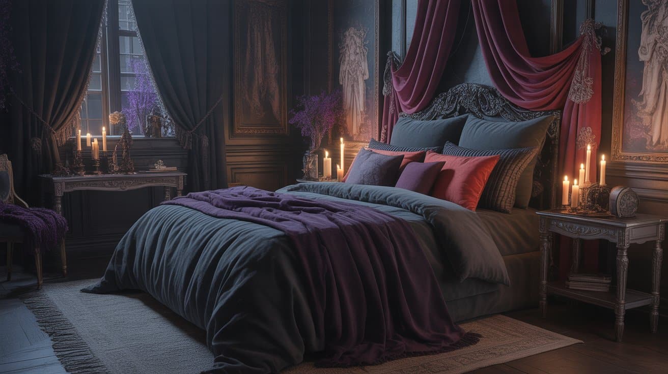 Gothic room aesthetics showcasing dramatic deep purples, candlelight, and ornate details for a bold and theatrical bedroom atmosphere.
