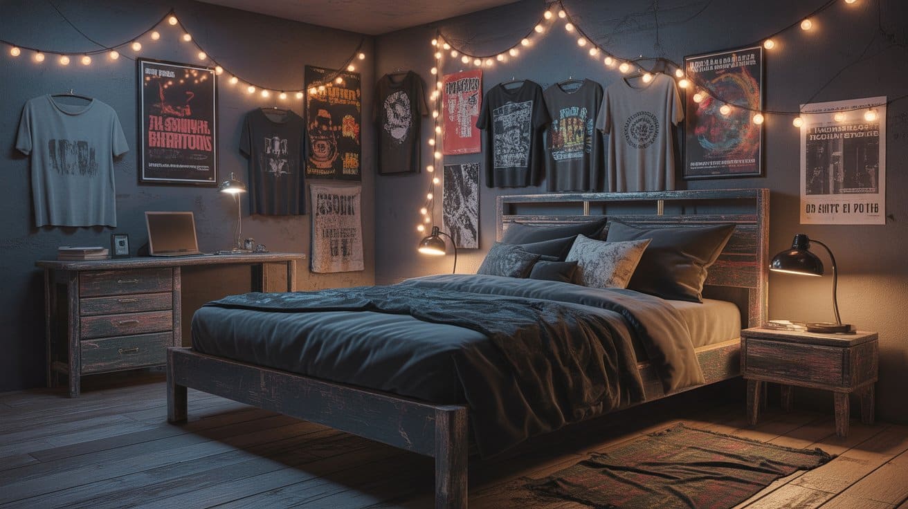 Grunge room aesthetics with dark walls, band posters, string lights, and distressed furniture evoking alternative, edgy style.