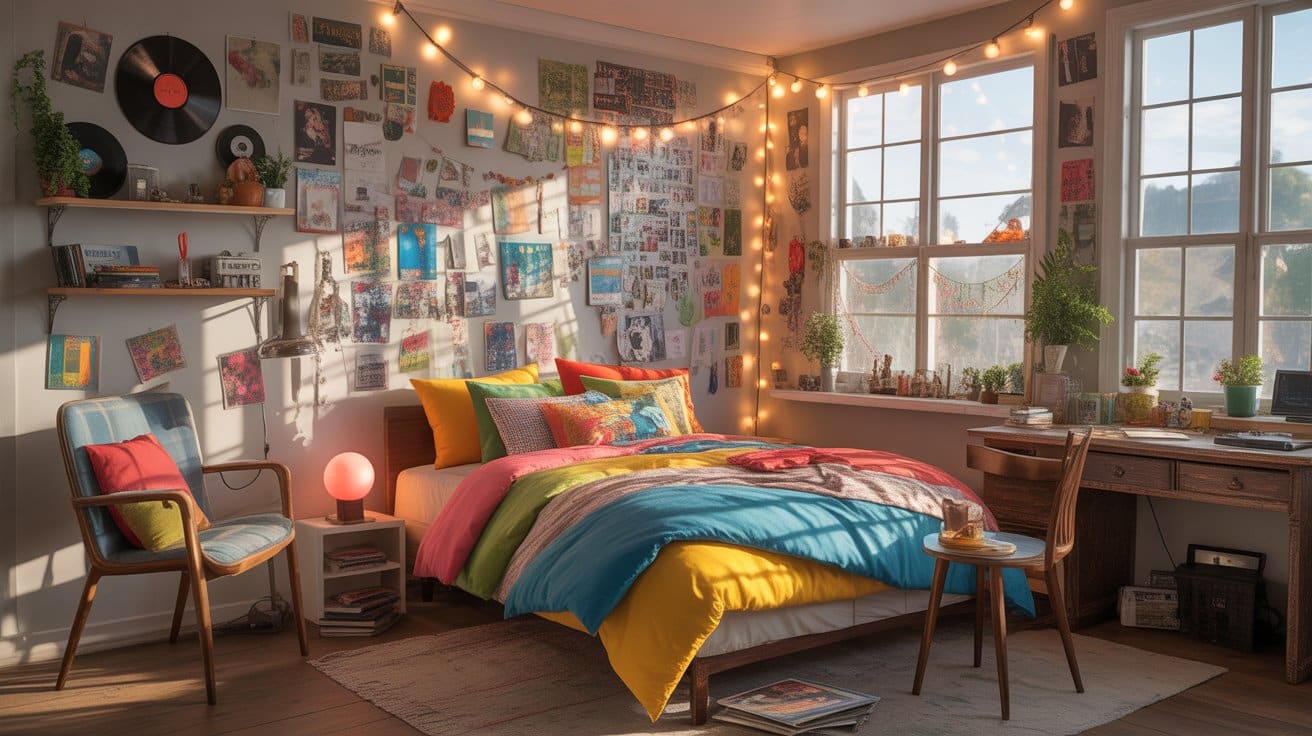 Indie-style bedroom with colorful bedding, wall collages, string lights, and eclectic furniture, showcasing playful and vibrant room aesthetics.