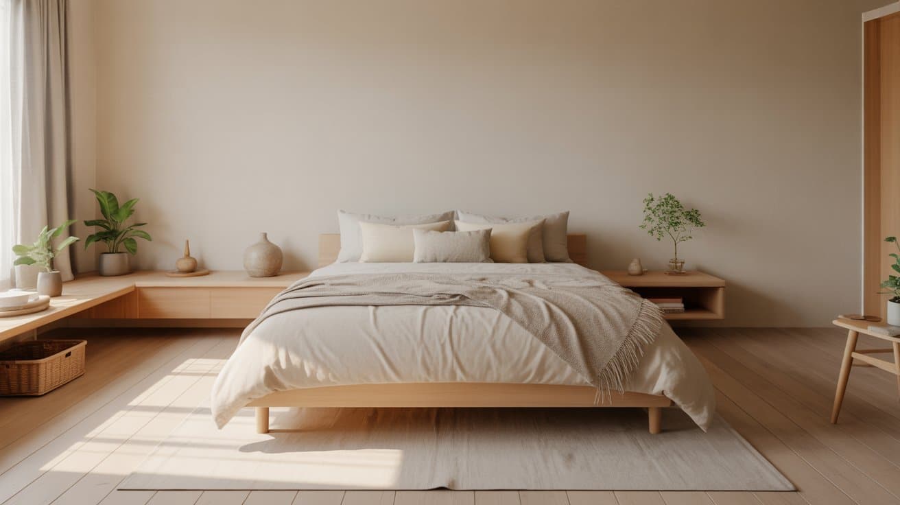 Japandi-inspired bedroom with neutral tones, low wooden furniture, plants, and linen bedding, highlighting serene and minimalist room aesthetics.
