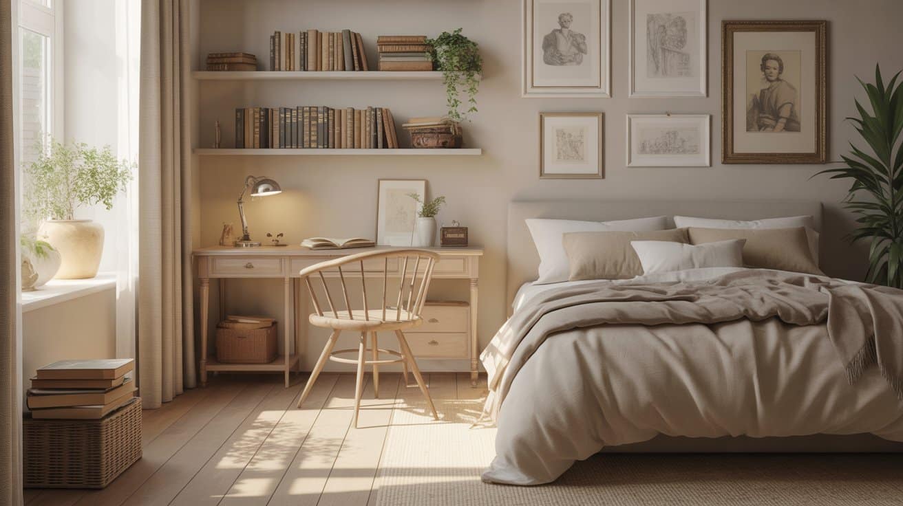 Light Academia room aesthetics featuring soft beige and cream tones, airy light, and classical elements for a refined, intellectual feel.