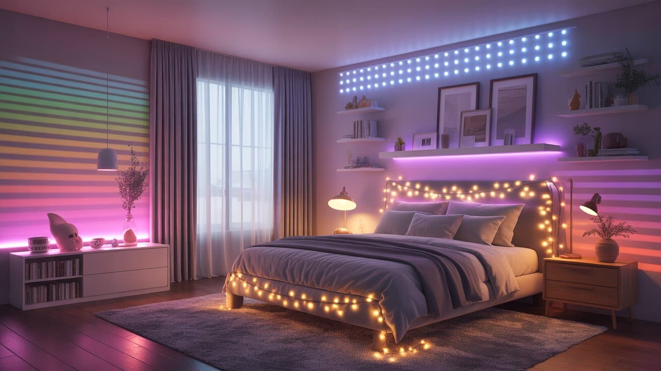 Colorful LED and fairy lights brighten a modern bedroom, enhancing room aesthetics with layered lighting and cozy visual interest.