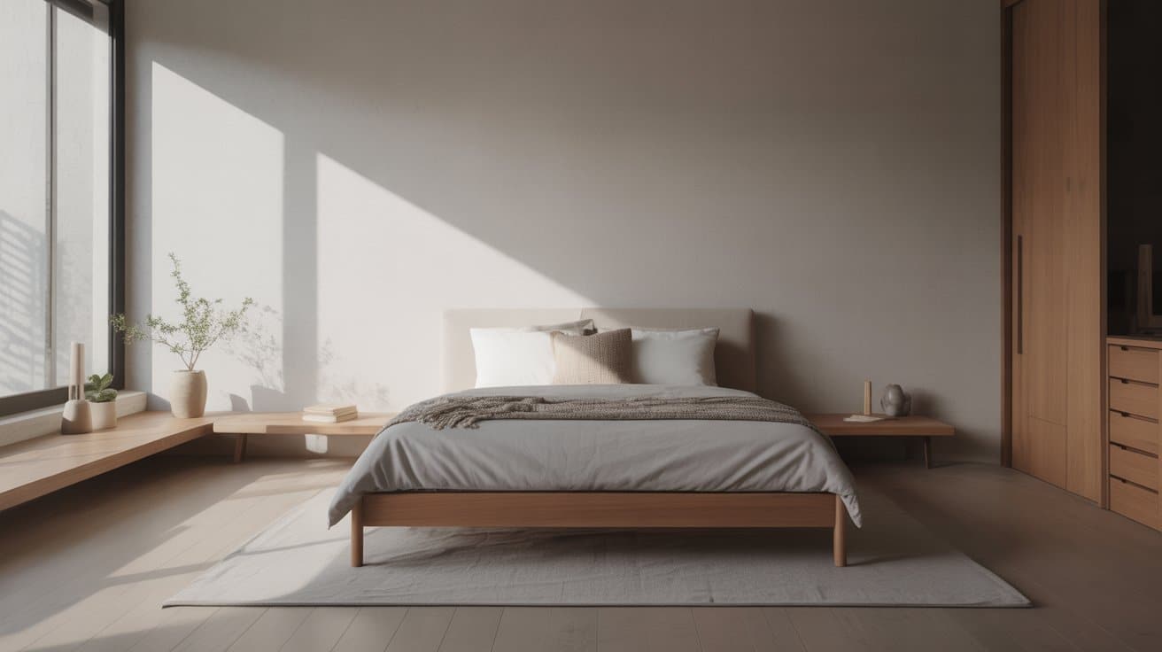 Minimalist room aesthetics using neutral tones, light wood, and simple furniture to maintain clean, calming, clutter-free spaces.