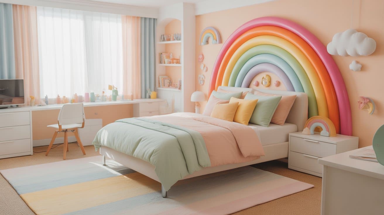 Rainbow wall decor, pastel bedding, and playful accents highlight cheerful and bright room aesthetics for small spaces.