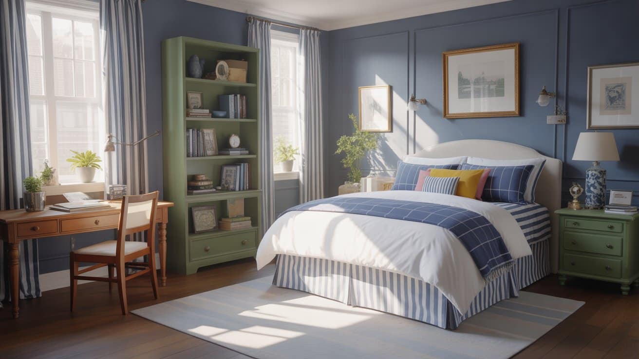 Preppy-style bedroom with navy, white, green palette, stripes, and organized furniture, representing classic and clean room aesthetics.
