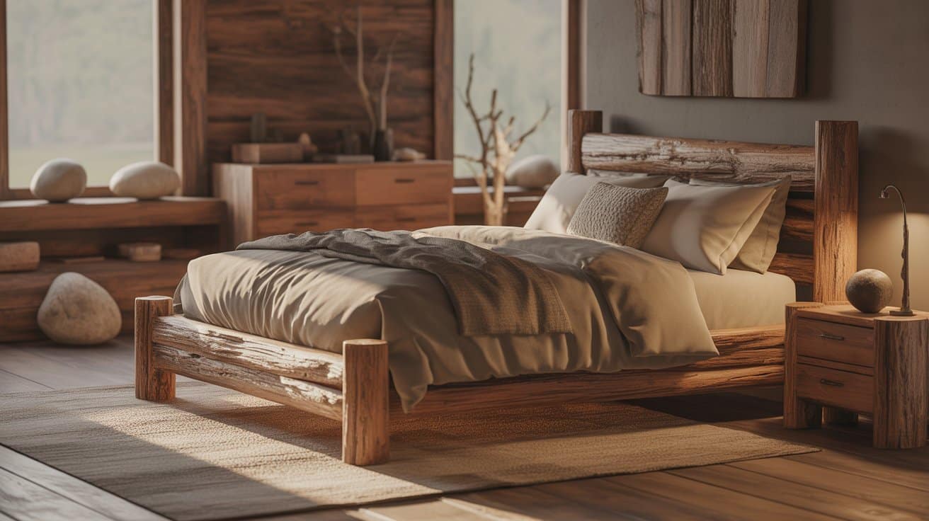 Rustic wood furniture, exposed grain, and stone accents create grounded and natural room aesthetics in warm tones.