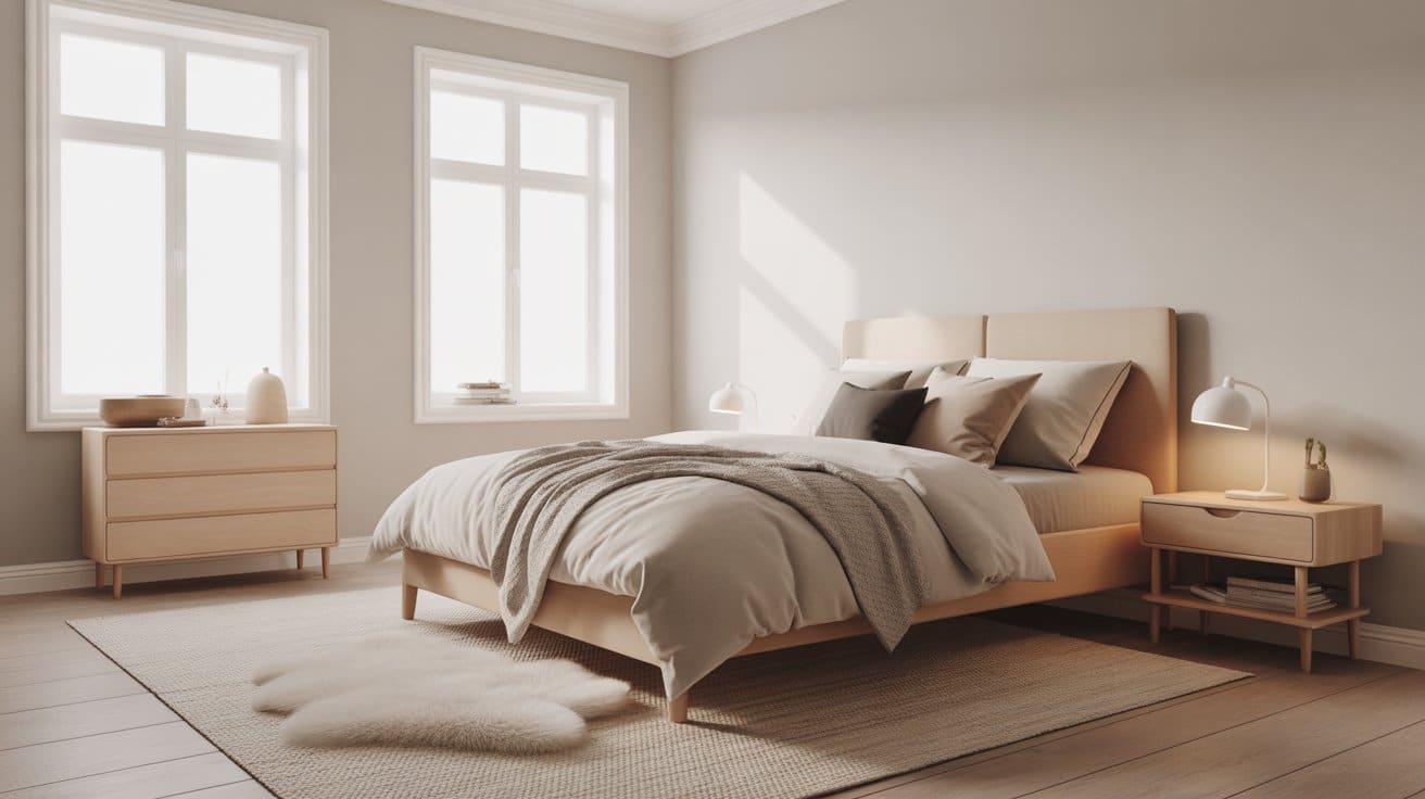 Scandinavian room aesthetics combining natural light, wood textures, and neutral colors for a cozy, functional, and serene bedroom.