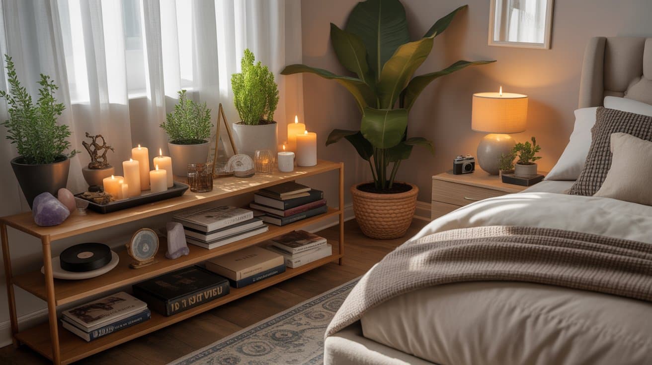 Nightstand styled with candles and plants adds calm, personalized room aesthetics to a neutral bedroom.