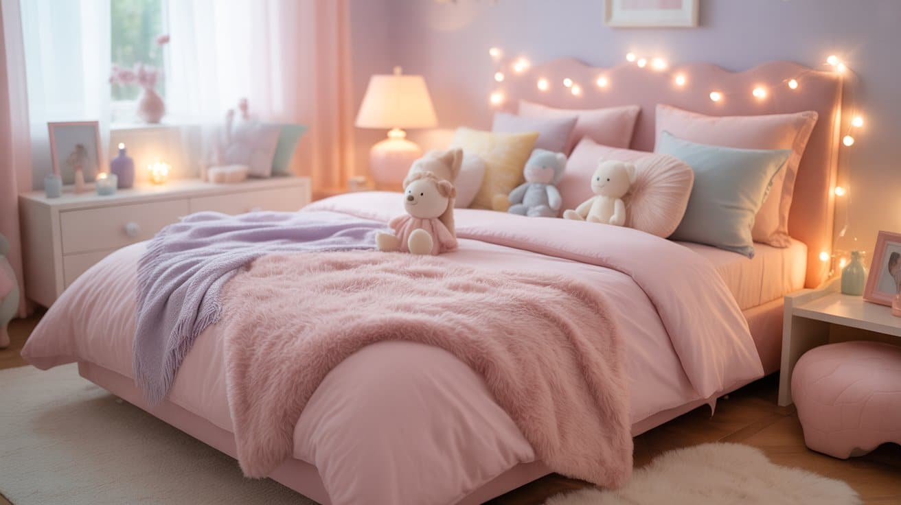 Soft pastels, fairy lights, and plush toys create cozy and dreamy room aesthetics in a gentle pink, lavender, and baby blue space.