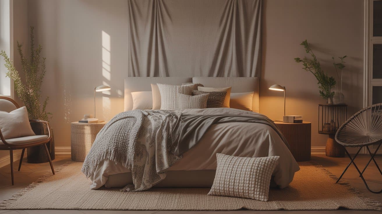 Cozy bedroom with layered textiles, natural light, and soft bedding enhances warm and inviting room aesthetics.