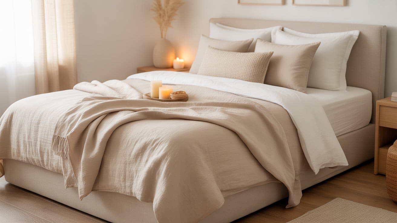 Creamy neutrals, candles, and linen textures define calm and minimalist room aesthetics in beige, ivory, and soft white tones.