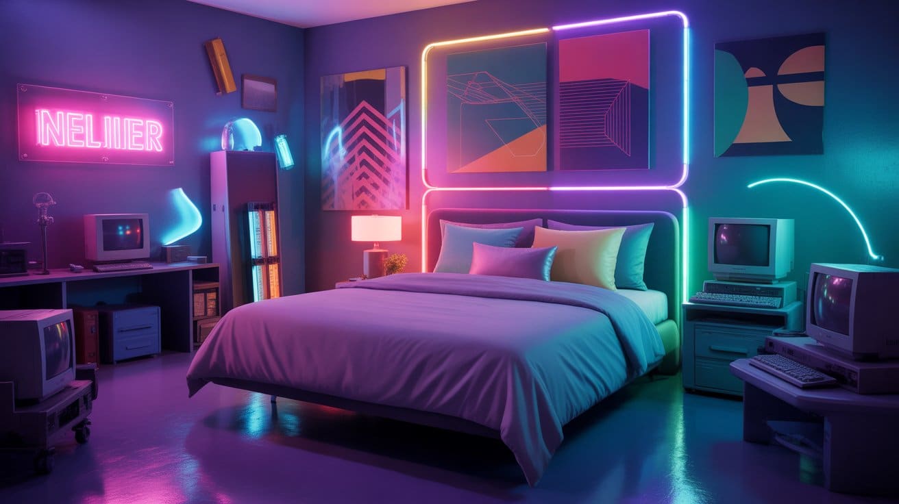 Retro-futuristic bedroom with neon lights, geometric art, and vintage computers creating bold and immersive room aesthetics.