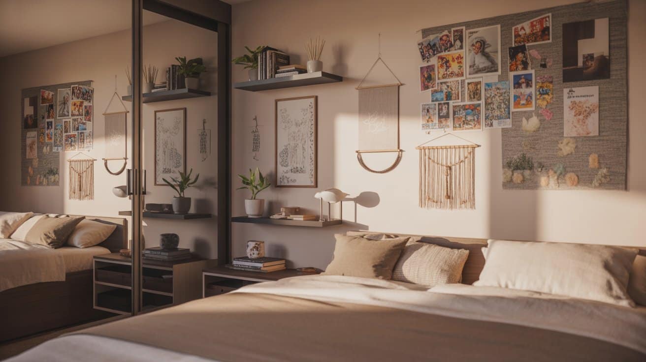 Neutral-toned bedroom with photo collages, wall hangings, and plants creates personalized room aesthetics.