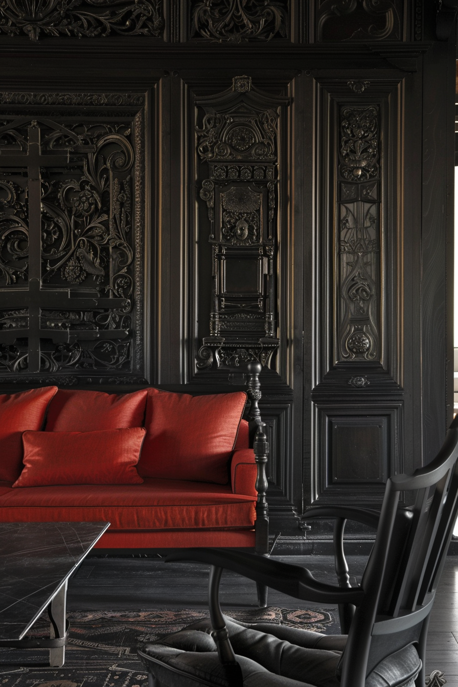 Elegant dark wood paneled room with a vibrant red sofa, black wooden chair, and modern glass coffee table.