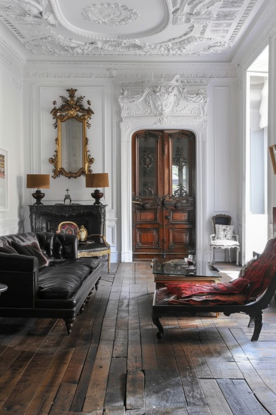 Elegant vintage room with ornate ceiling moldings, wooden floors, a dark leather sofa, antique cabinet, and a gold-framed mirror.