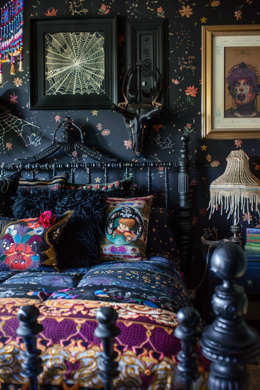 A colorful and eclectic bedroom with patterned wallpaper, decorative pillows on the bed, and framed artwork on the wall.