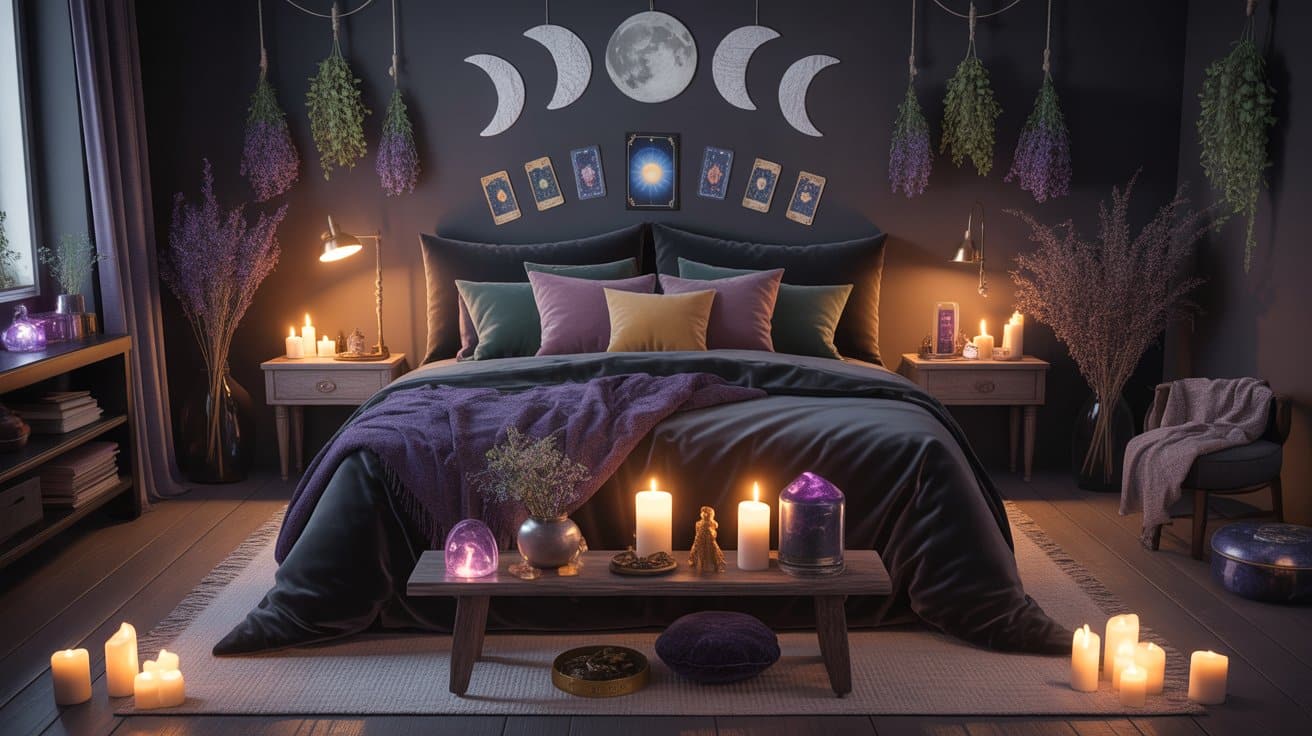 Witchcore room aesthetics with mystical elements, moon phase wall art, crystals, and candles creating a magical, personal space.