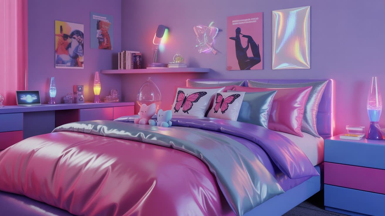 Y2K bedroom with neon lighting, hot pink and purple tones, butterfly decor, and retro gadgets, reflecting nostalgic and futuristic room aesthetics.